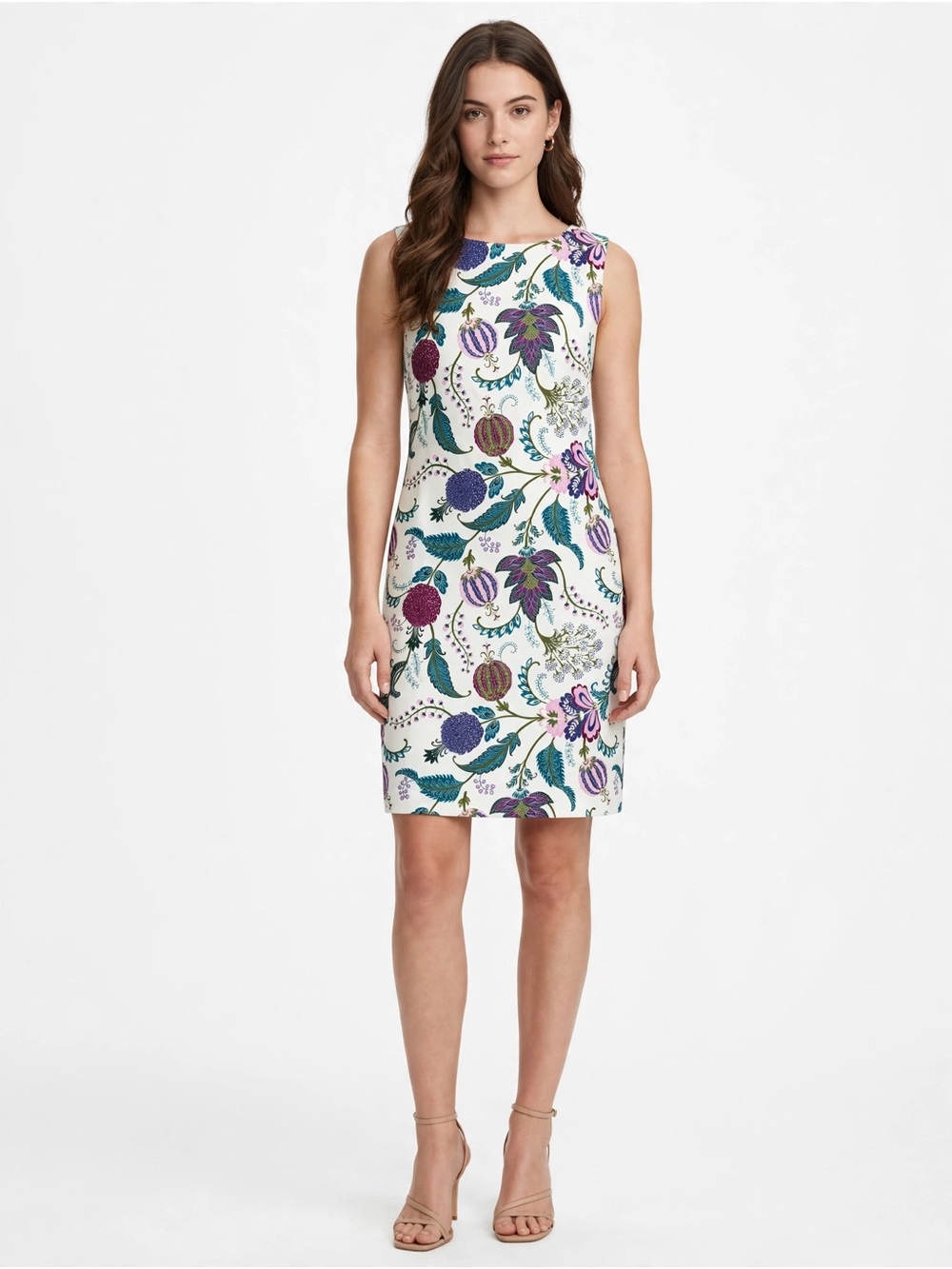 Floral Sleeveless Sheath Dress in White with Multicolor Print